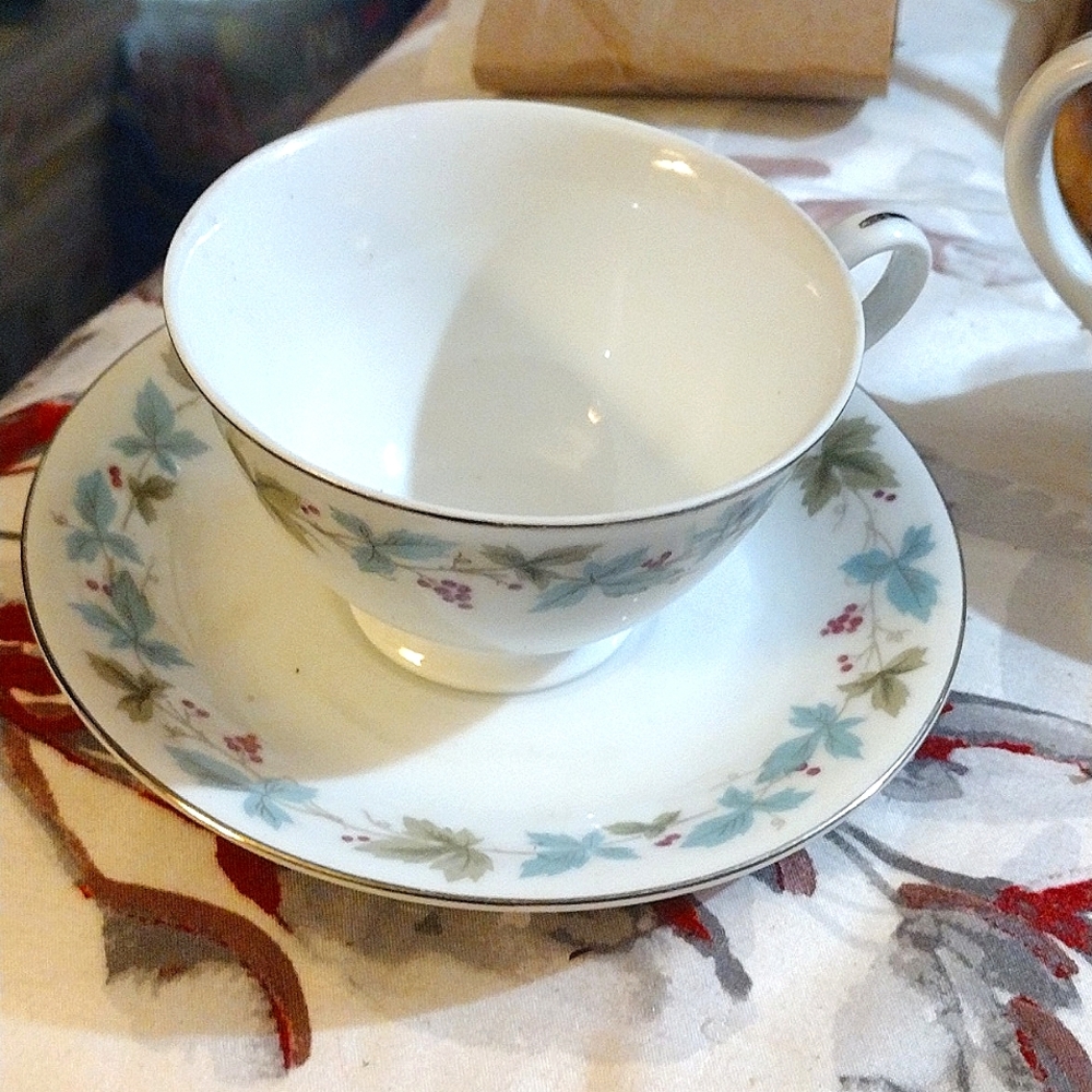 MSI 6701 Vintage fine China Japan Blue Floral Silver Rim tea cup & saucer